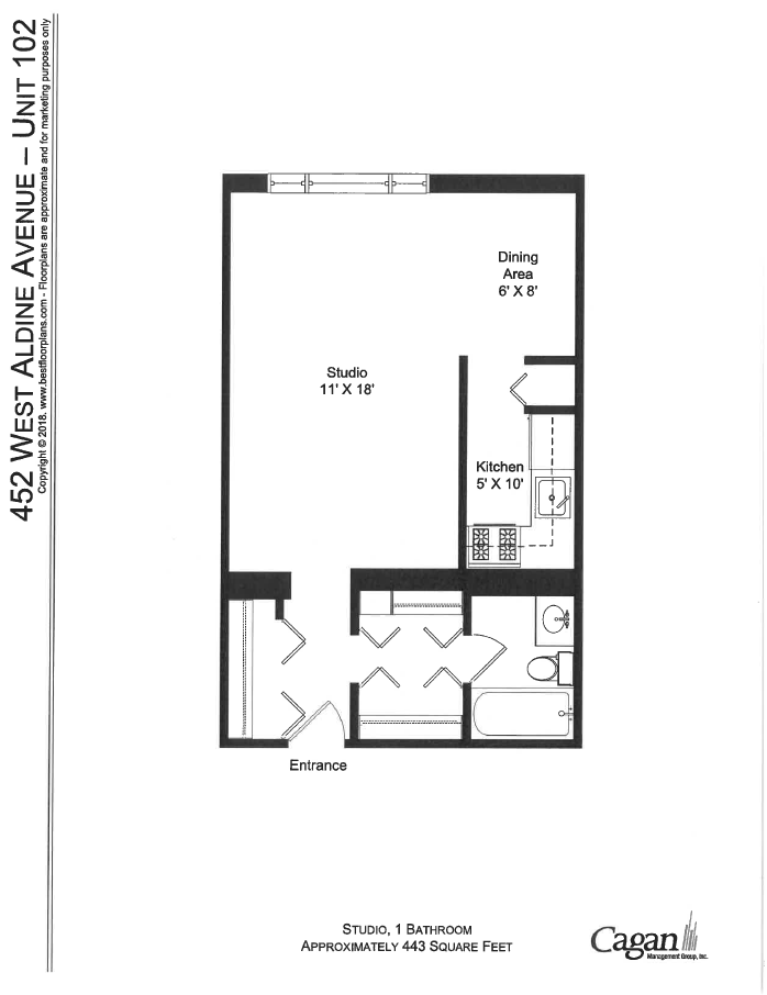 Floor plan for studio, 1 bath, 352 sqft